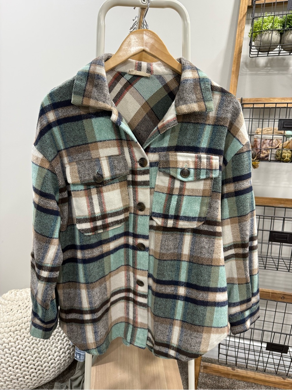 Plaid Button-Up Shacket in Mint, Cream & Brown Size M